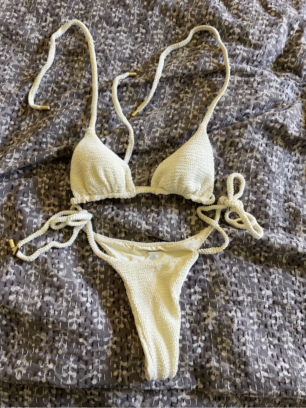 Monday Swimwear Cream Textured Tie-Side Triangle Bikini PALMA - white crinkle